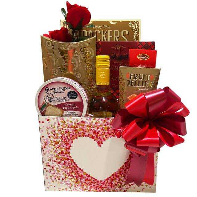 My Golden Valentine gift basket with wine, gourmet cheese, smoked salmon, chocolates, and Valentine-themed packaging